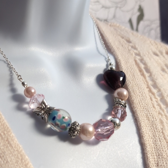Jewelry - Purple Glass Heart Beaded Slider Chain Necklace